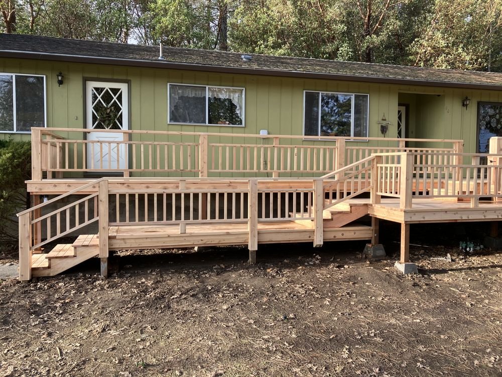 Completed cedar deck dual staircase