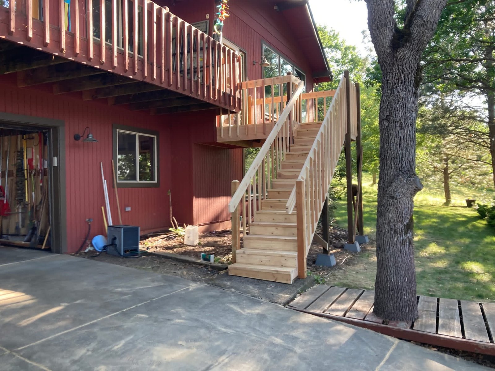 New cedar staircase to upper deck
